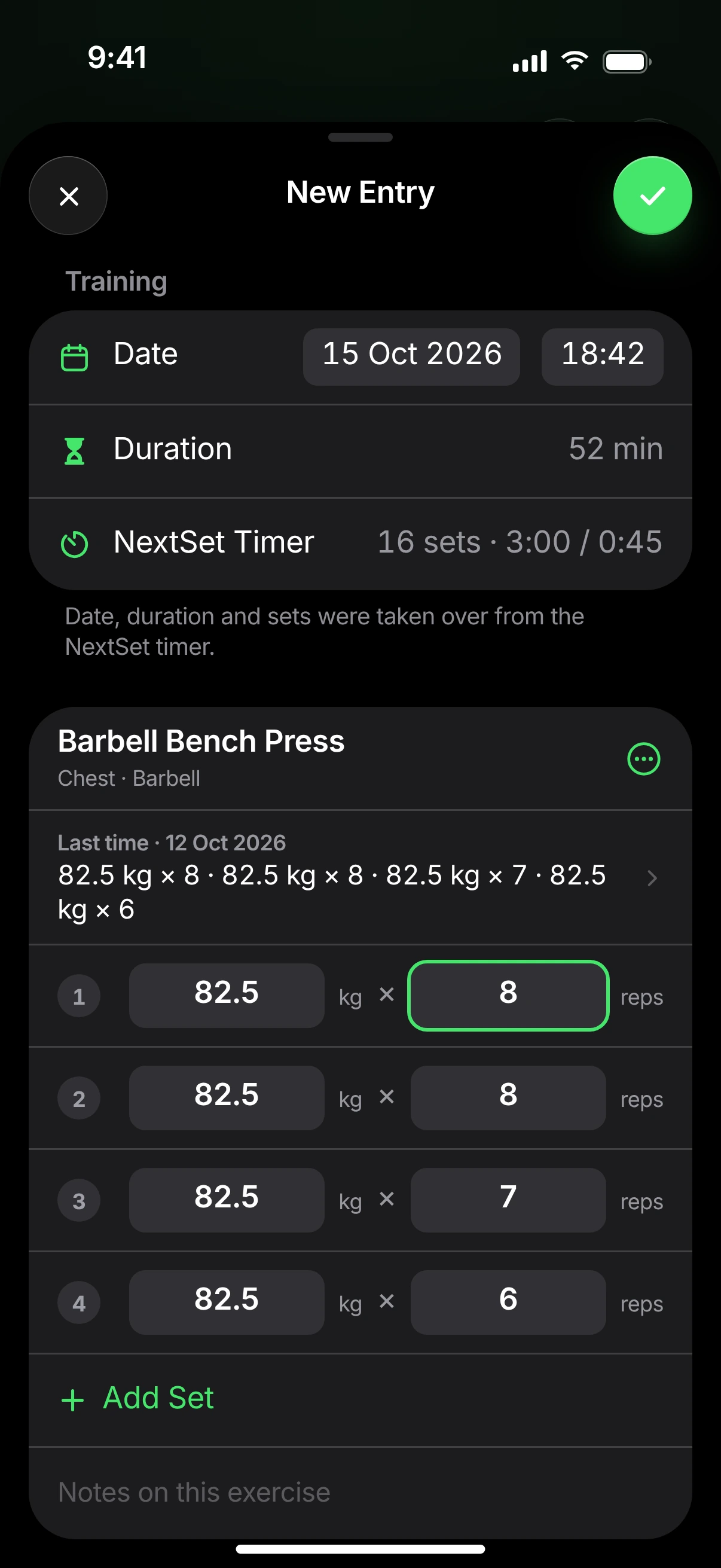 New logbook entry: date, duration and sets taken over from the timer, barbell bench press with last time’s values.