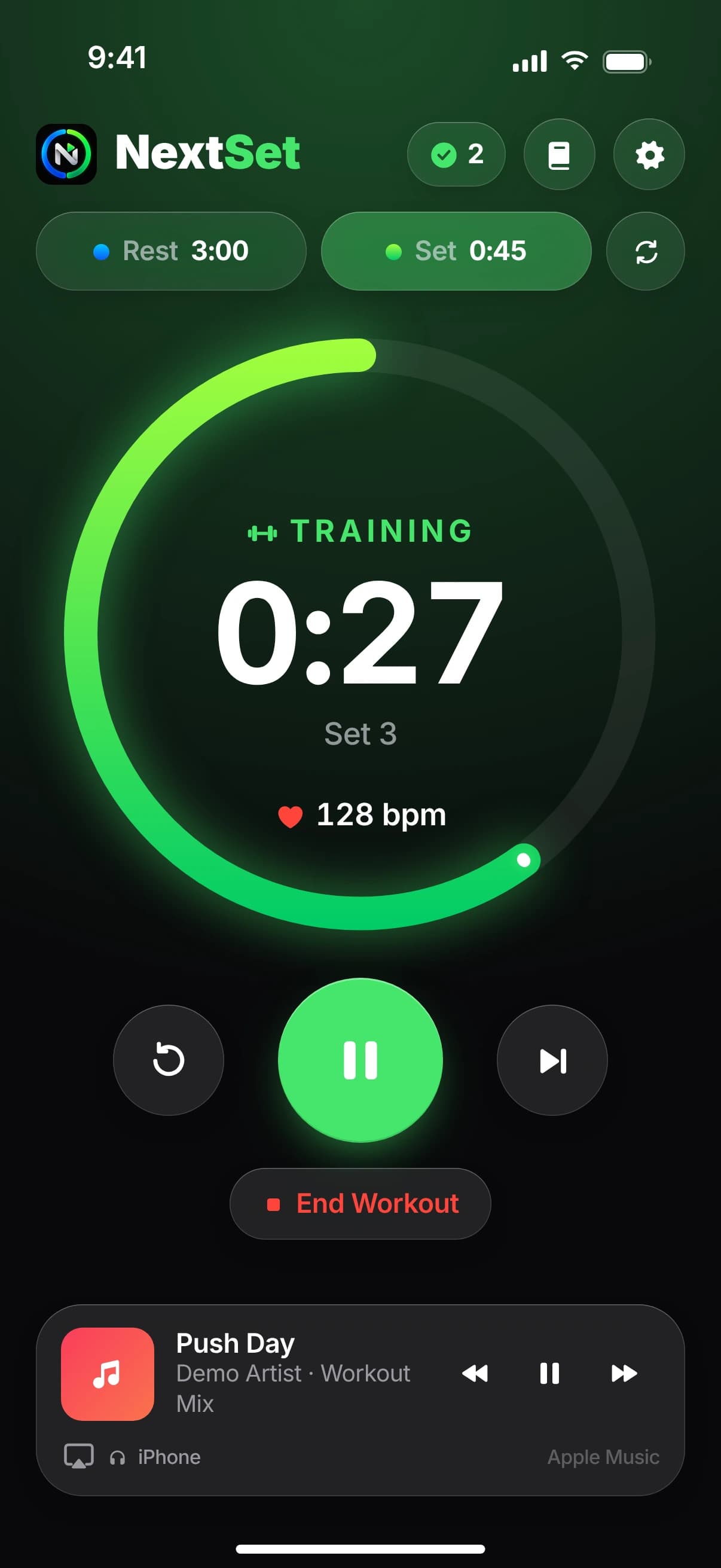 NextSet timer during a set: green ring, countdown 0:27, set 3, heart rate 128 bpm, with the controls and the music player below.