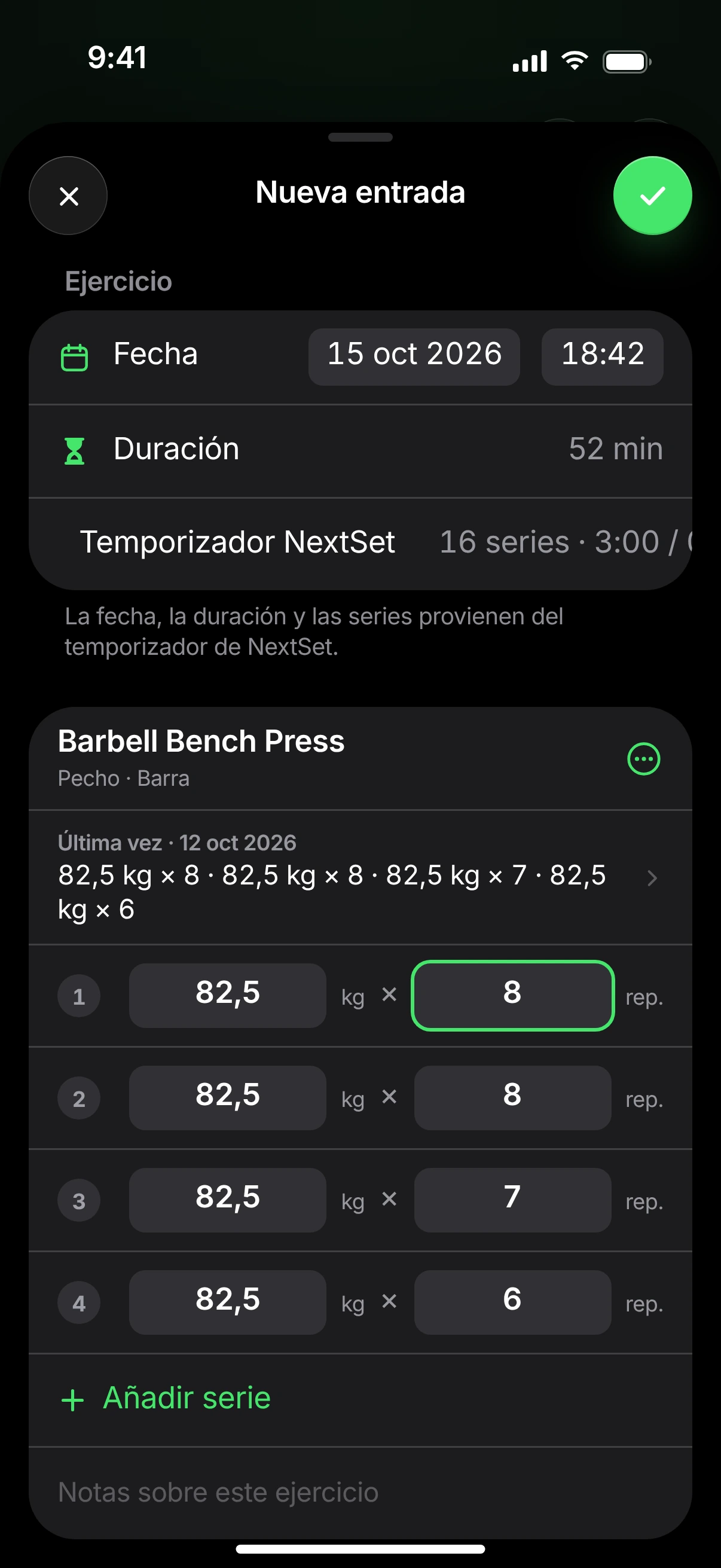 Nueva entrada del diario: fecha, duración y series tomadas del temporizador, Barbell Bench Press con los valores de la última vez.