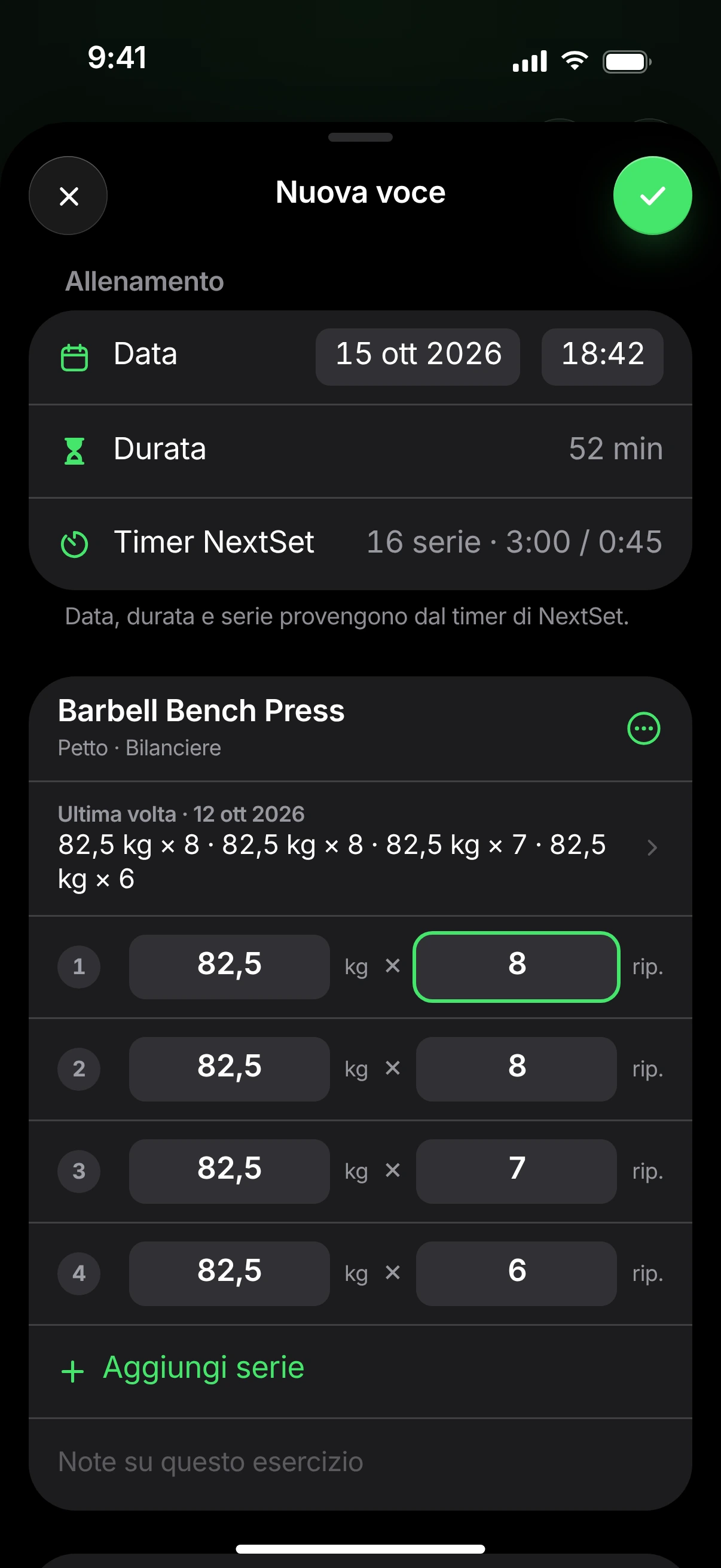 Nuova voce del diario: data, durata e serie riprese dal timer, Barbell Bench Press con i valori dell’ultima volta.