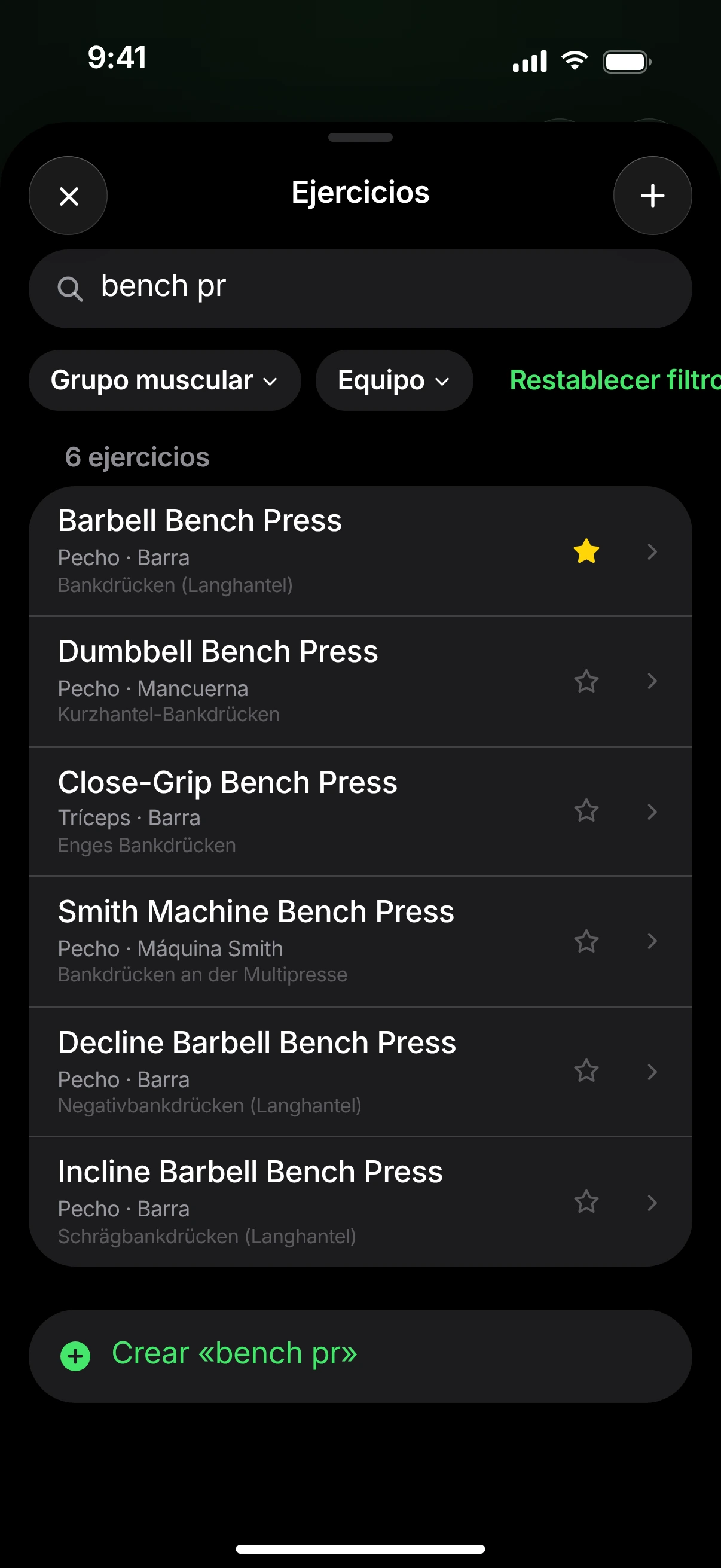 Búsqueda de ejercicios para «bench pr»: seis resultados como Barbell Bench Press, Dumbbell Bench Press y Close-Grip Bench Press.