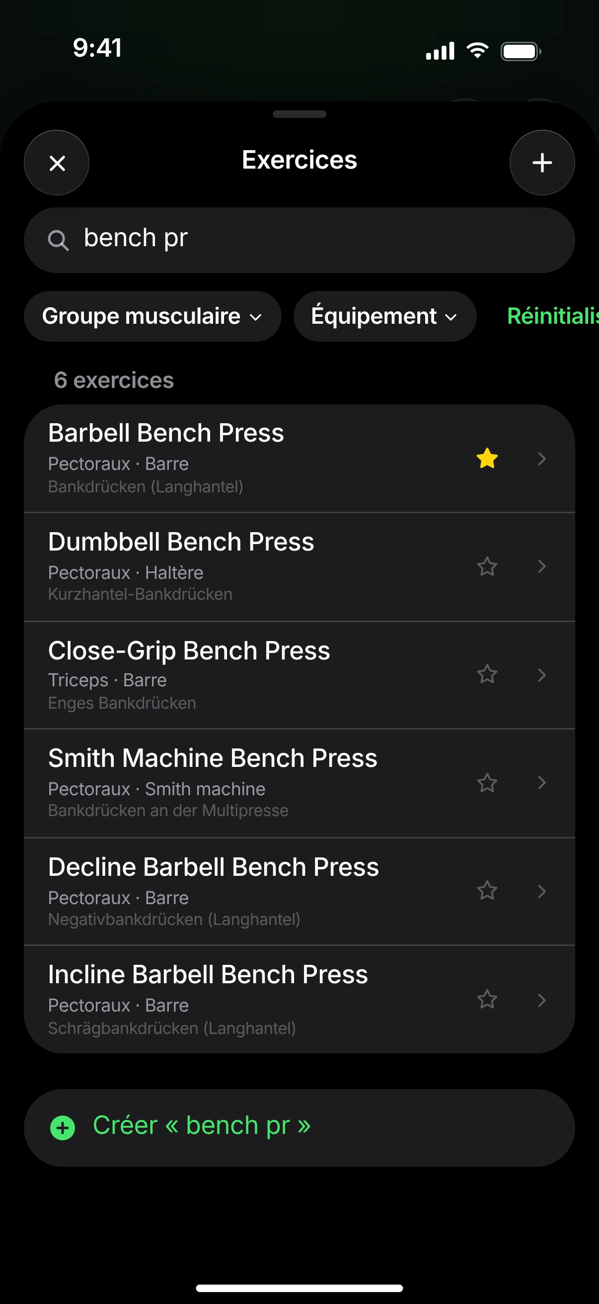 Recherche d’exercices pour « bench pr » : six résultats comme Barbell Bench Press, Dumbbell Bench Press et Close-Grip Bench Press.