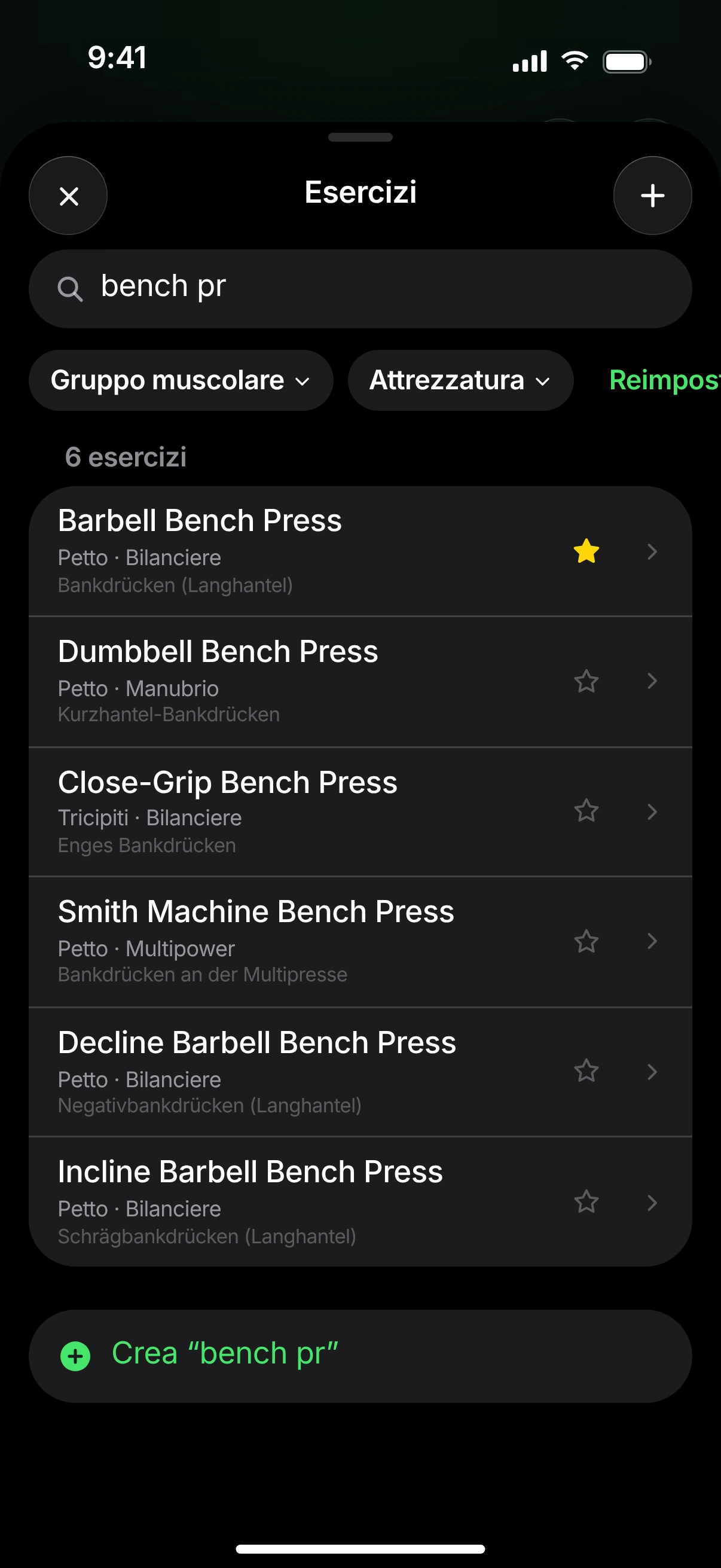 Ricerca esercizi per “bench pr”: sei risultati come Barbell Bench Press, Dumbbell Bench Press e Close-Grip Bench Press.