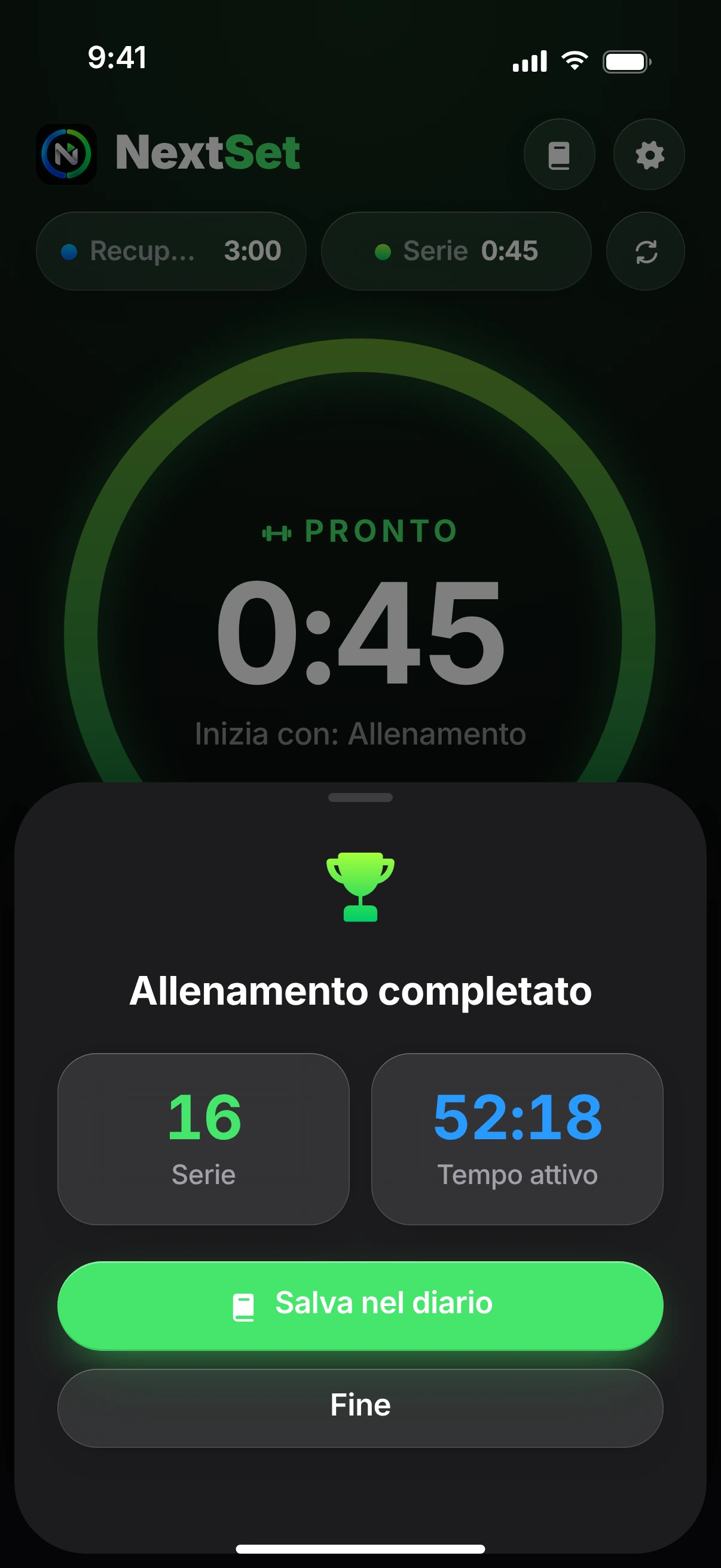 Riepilogo dopo un allenamento: 16 serie, 52:18 di tempo attivo e il pulsante “Salva nel diario”.