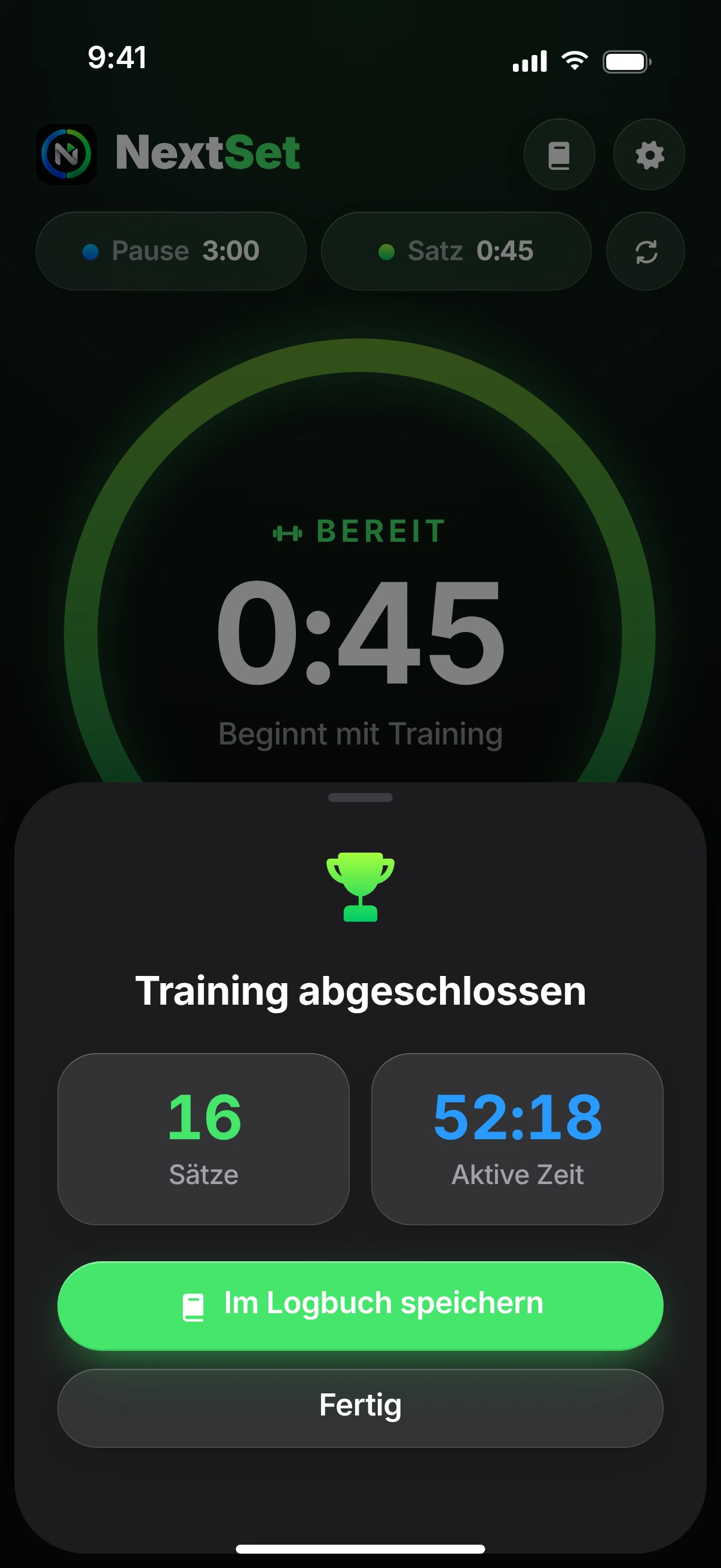 Zusammenfassung nach dem Training: 16 Sätze, 52:18 aktive Zeit und der Knopf „Im Logbuch speichern“.