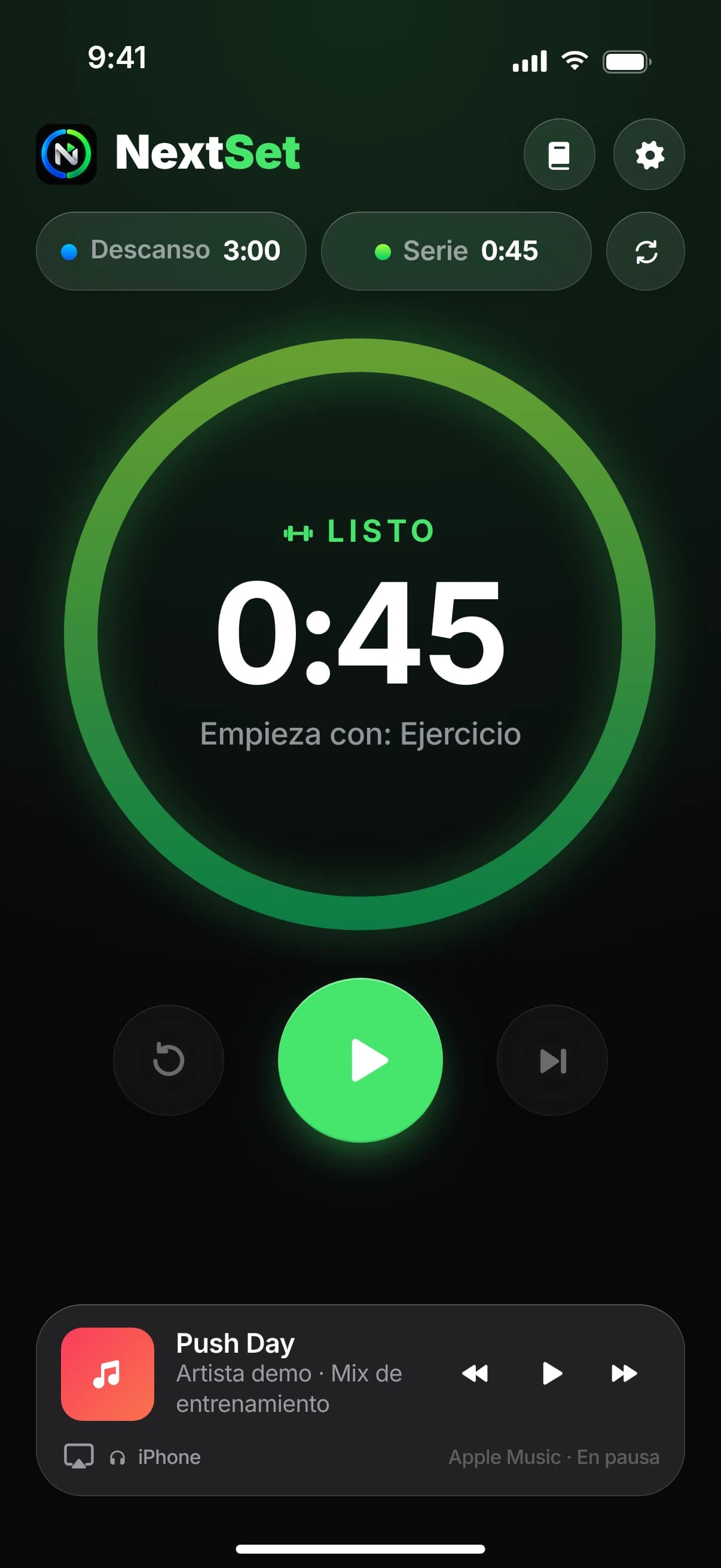 Pantalla de inicio de NextSet: descanso 3:00 y serie 0:45, el anillo muestra «Listo – Empieza con: Ejercicio», botón de inicio grande.