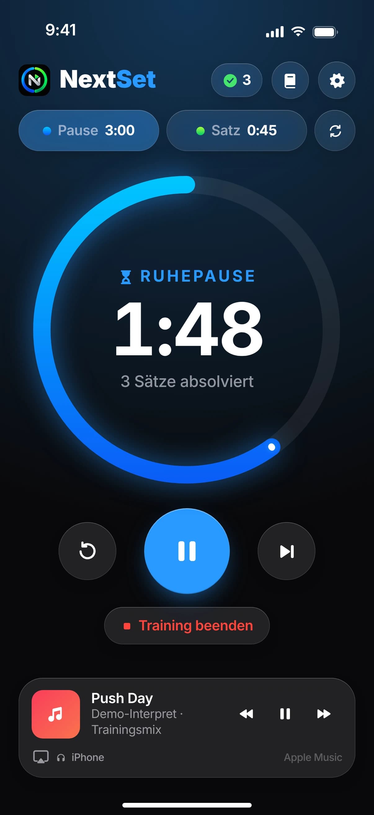 NextSet-Timer in der Ruhepause: blauer Ring mit 1:48 verbleibend und dem Hinweis „3 Sätze absolviert“.
