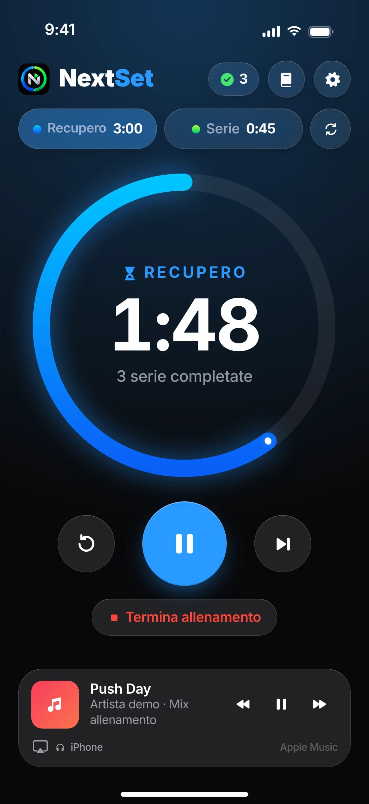 Timer di NextSet durante il recupero: anello blu con 1:48 rimanenti e la scritta “3 serie completate”.