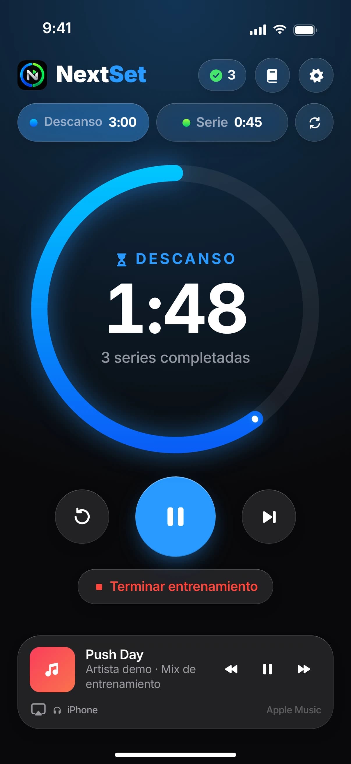 Temporizador de NextSet durante el descanso: anillo azul con 1:48 restantes y el texto «3 series completadas».
